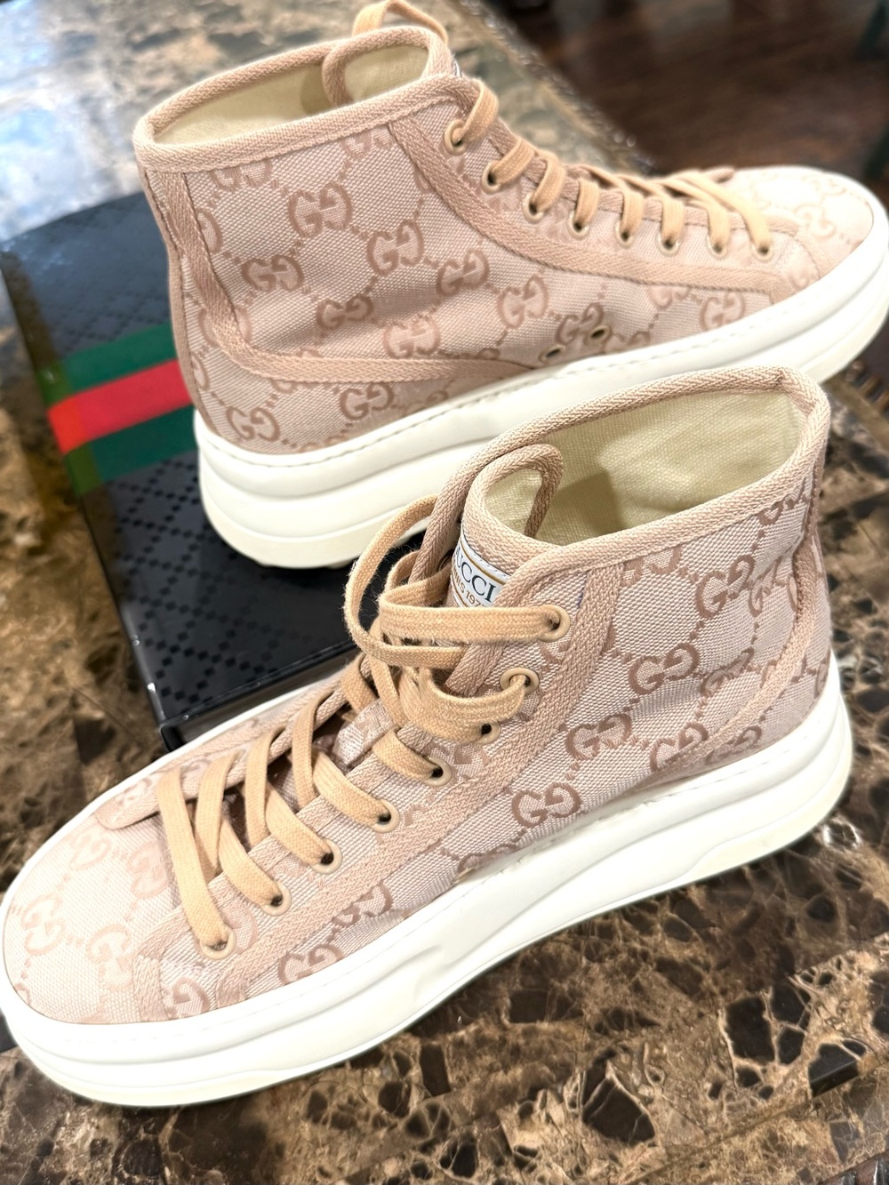 Gucci Tennis 1977 High Top GG Canvas Sneakers Pink Blush Monogram EU 38 - Picture 6 of 11